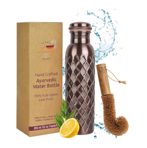 Image of Pure Copper Water Bottle, Copper Drinking Bottle Diamond Cut, 32 oz Antique | 100% Pure Copper, Antique Diamond Cut Finish, Leak-Proof Cap, Ayurvedic use, Includes Cleaning Brush