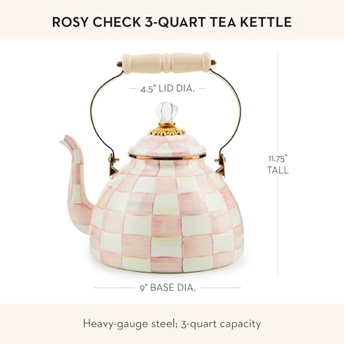 Image of MACKENZIE-CHILDS Tea Kettle, 3 Quarts, Pink-and-White Rosy Check