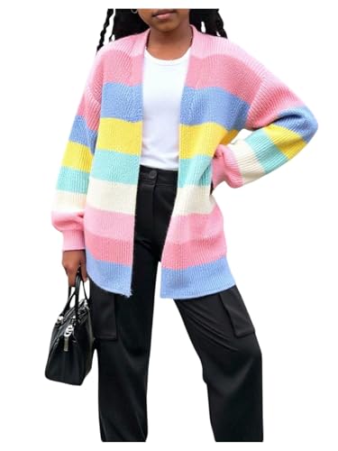 OYOANGLE Girl's Colorful Open Front Long Cardigan Cute Long Sleeve Knit Outerwear Coat