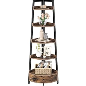 Seventable Étagère d&rsquo;angle avec tiroir, bibliothèque d&rsquo;angle à 5 niveaux, étagère d&rsquo;angle autoportante, bibliothèque d&rsquo;angle marron rustique, support pour plantes pour salon, cuisine, bureau à