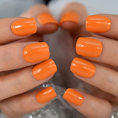 Coolnail Glossy Shiny Orange Fake Nails Short Squoval Square Press on Wear Solid Color False Finger Nail Art Tips Faux Ongle Daily Wear Cover