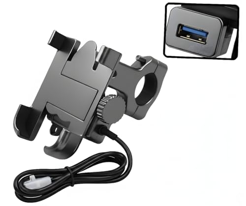 Image of Metal Bike Mobile Holder with USB Charger | 360 Rotating Handlebar Mount Cradle for Motorcycles & Bicycles | Universal Fit for All Smartphones | Heavy-Duty Metal Body (Black)