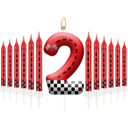 13PCS Racing Car Theme Birthday Candle Set with Checkered Flag Design - Durable Cake Topper for Race Car Party Decorations, Kids Birthday Supplies - Number 2 Candle for Racing-Themed Celebrations