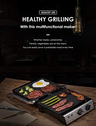 DEIK Panini Press, 6-in-1 Smokeless Indoor Grill with Timer and Temperature Control, 4 Non-Stick Removable Plates, Opens 180 Degrees for Panini, Grilled Meat, Steaks