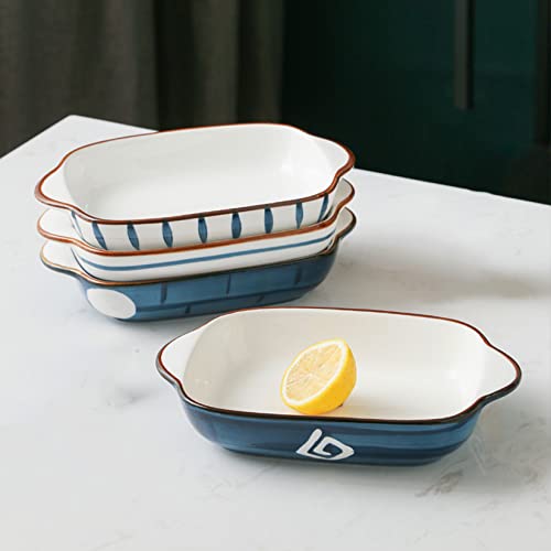 Ceramic Dish Set of 4,Pie Pan Rectangular Japanese-Style Porcelain Pie Plate for Baking, Baking Dish Oven Safe for Cooking Bakeware Christmas Dinner,Blue