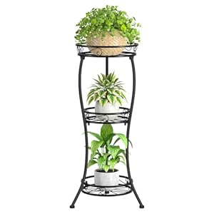 KMOTASUO 3-laags hoge metalen plantenstandaard, 35 inch plantenstandaards voor binnen en buiten, roestvrije ijzeren bloempot standaard, displayrek voor hoek, terras, tuin, balkon, woonkamer (zwart)