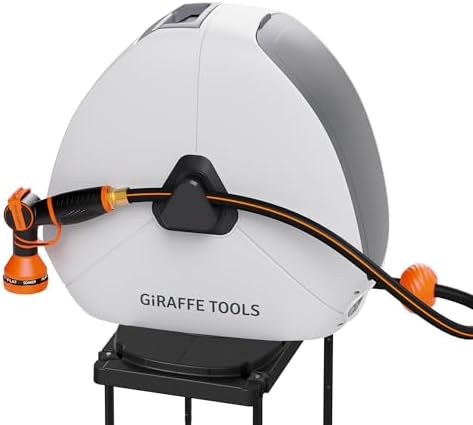 Giraffe Tools Retractable Hose Reel with 1/2 Inch x 100FT, Heavy Duty Ground Mount Garden Hose Reel, Automatic Rewind,with 9-Function Sprayer Nozzle & Flexible Swivel Base