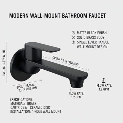 Image of Black PVD Glossy Finish Long Body Tap | Brass Body with Single Handle | Elegant Modern Contemporary Design Wall Mounted (Pack of 1 pc with Black Cap)