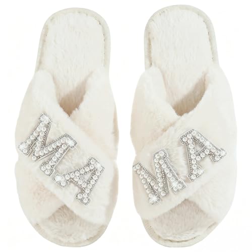 Fabstory MAMA Slippers for Women Fuzzy Indoor House Slippers with Pearls Gift for New Mom Mothers Day Gift White