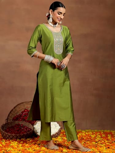 Image of Libas Gerua Womens Yoke Design Silk Blend Straight Kurta With Trousers and Dupatta | daily wear suit