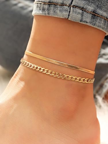 Image of FOCALOOK Anklet Bracelets Set for Women, 14K Gold Plated Waterproof Cuban Link Chain Layered Anklets Set for Plus Size Ankle 8-10.5 Inch Adjustable Summer Beach Jewelry Gift