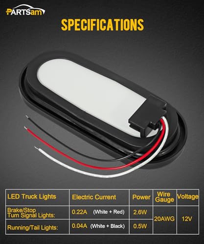 Image of Partsam 4pcs Trailer Truck LED Sealed RED 6 inch Oval Stop /Turn /Tail Lights Flush Mount Waterproof Including 3-pin Water Tight Plug with Wires and Grommets Sealed DOT Compliant
