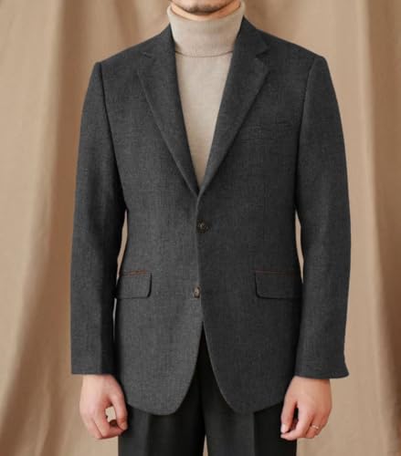 Mens Blazer Vintage Tweed Blend Two Button Sport Formal Coat Jacket with Pocket Square,Elbow Patch2
