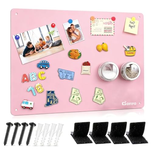 Image of Stainless Steel Magnetic Board 15.7 x 11.8 Inches, Wall Mounted Magnet Memo & Bulletin Organizer for Notes, Photos, Recipes, Kitchen Home Office Decor (Pink)