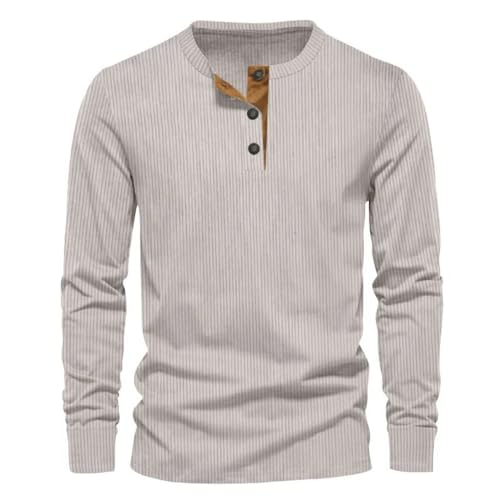 MakingDa Corduroy Mens Henley Shirt Long Sleeve Button Crew Neck Pullover Vintage Slim Fit Sweatshirt Fashion Soft Lightweight Casual Classic Work Grandad Shirt Apricot S