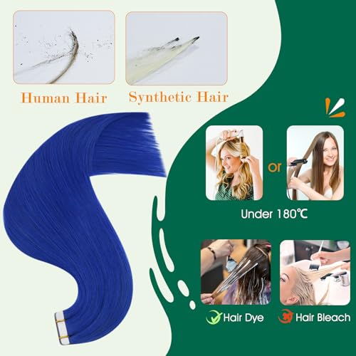 Image of Easyouth Blue Tape in Hair Extensions Human Hair Colorful Tape ins Hair Extensions Blue for Party Colored Tapes in Human Hair Extension Quick Application 16 Inch 50g 20pcs