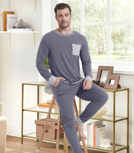 Image of NACHILA Mens Pajamas Set Long Sleeve Henley Sleepwear Top Soft Jogger Pants Pajamas Cool Pjs Set,Viscose Made from Bamboo