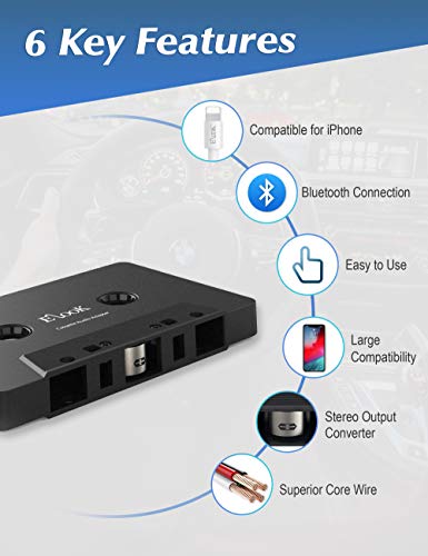 Elook Car Cassette Aux Adapter, with Audio Cable, Compatible for iOS System, Black