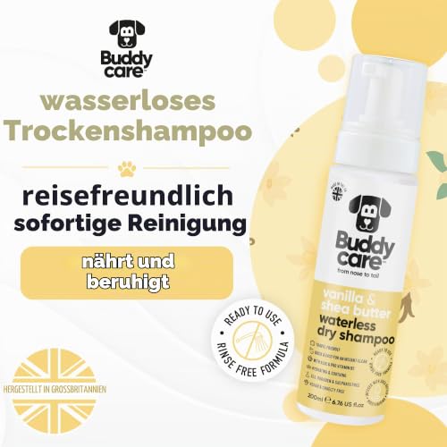 Buddycare Trockenshampoo für Hunde (200 ml) | Vanille & Sheabutter – Trockenshampoo für Hunde mit empfindlicher Haut | Natürlich, einfach anzuwenden für EIN frisches, sauberes Fell