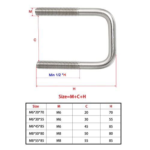 Image of Square U-Bolt 1.18 inch(30mm) Inner Width U Bolts Brackets 304 Stainless Steel M6 with Nut, Plate, Washer for Car /RV /Trailer Bumper,2 Sets