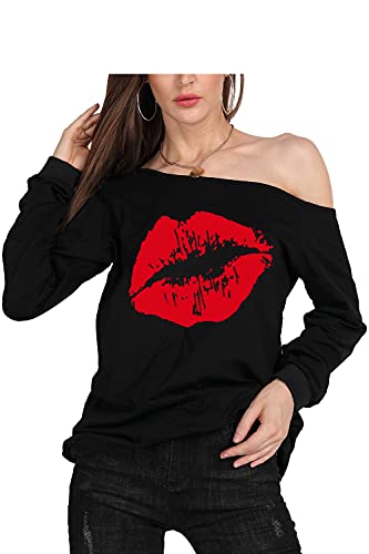 Image of MAGICMK Woman's Sweatershirt Lips Print Causal Off The Shoulder Long Sleeve Loose Slouchy Pullover Plus Size Tops
