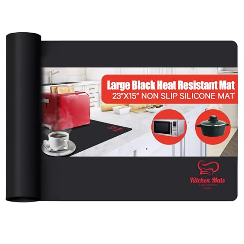 Large Black Heat Resistant Mat For Kitchen Countertop, 23”x15”, Protect Counter Top From Air Fryer, Microwave, And Toaster, Silicone Heat Resistant Mat, Hot Pad For Countertops (Black)