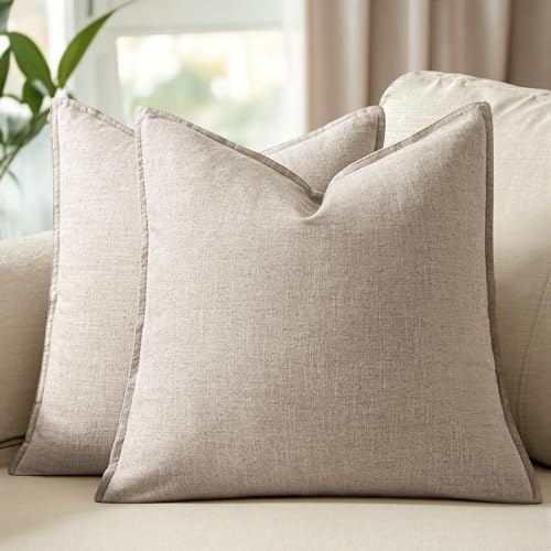Image of 24x24 Inch Set of 2 Decorative Linen Solid Throw Pillow Covers Boho Farmhouse Euro Pillows Modern Neutral Home Decor for Couch Sofa Living Room Bed,Natural Linen