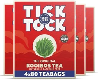 Tick Tock Rooibos Tea - Pack of 4 x 80 Caffeine-Free Tea Bags (320), Naturally Sweet Redbush Tea for Wellbeing & Relaxation - Biodegradable Tea Bags