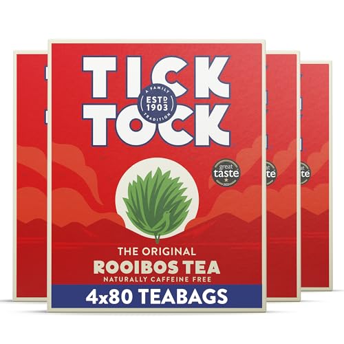 Tick Tock Rooibos Tea - Pack of 4 x 80 Caffeine-Free Tea Bags (320), Naturally Sweet Redbush Tea for Wellbeing & Relaxation - Biodegradable Tea Bags