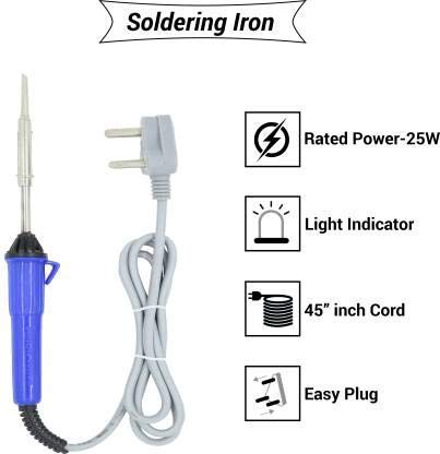 Image of Hillgrove 12in1 Complete 25W Soldering Iron Kit with 5 Meter Solder Wire, Scrub, Pump, Cutter, Tester, Tweezer, Tape, Bit, Simple (Flat, Pointed Tip)