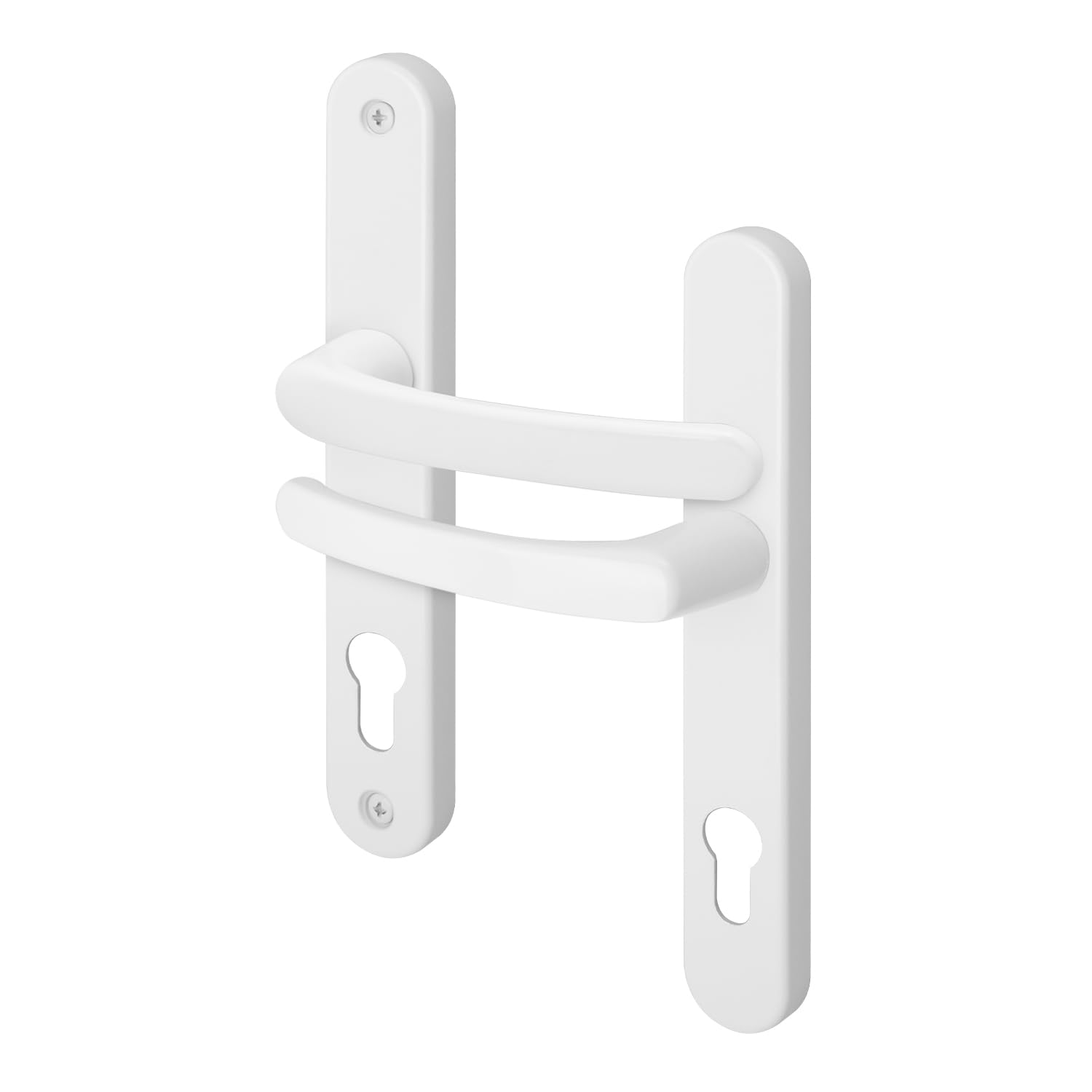Eai White Upvc Door Handles, Composite Front Door Handles Sprung, 92Mm Pz Centres, 210Mm Screw To Screw, 242X34mm Backplate