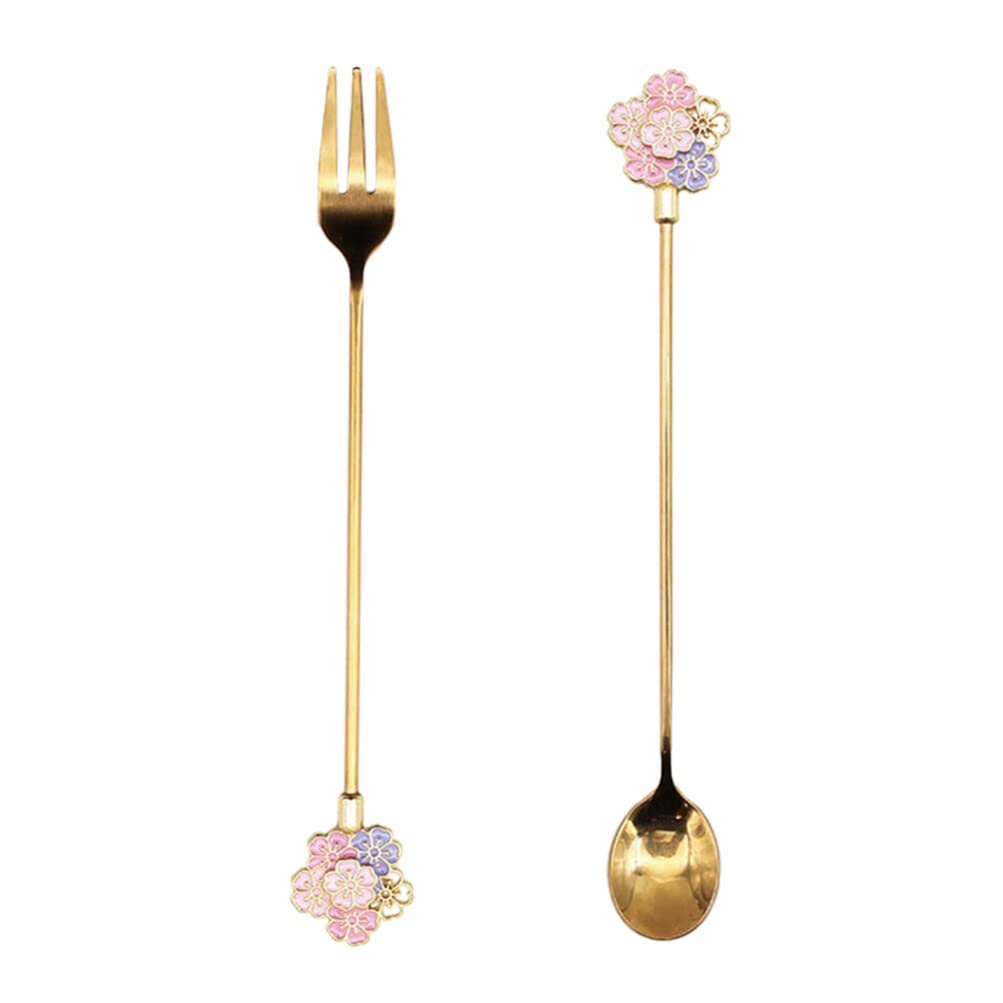 Luxshiny Tea Spoons 2pcs Cherry Blossom Spoon and Fork, Sakura Tea Spoon Stainless Steel Stirring Spoon for Home Cafe (Golden) Appetizers Fork