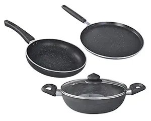 Prestige Kitchen Omega Deluxe Granite Tawa, Kadai, Fry Pan 3 Pcs with 1 Glass Lid (Black) - Fry Pan - 240mm, Omni Tawa - 280 mm, Kadai with Glass Lid - 240 mm