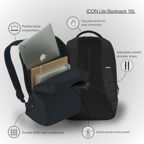 Incase ICON Lite Backpack - 16L Tech Backpack for School and Work with Faux Fur 16" Laptop Compartment, Quick Access Pocket - Lightweight, Organized, 3 Zippered Pockets - Black3