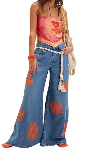 loveimgs Women Vintage Floral Printed Wide Leg Jeans Denim Palazzo Pants Baggy Y2k Patchwork Flower Flare Jeans Sweatpants