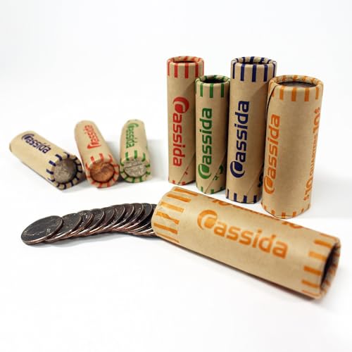 Image of Cassida Preformed Coin Roll Wrappers. 100 Assorted Pack (Penny, Nickel, Dime, Quarter) Durable Preformed Paper Tubes Crimped on One End - Federal Reserve and ABA Standards (A-CWAP)