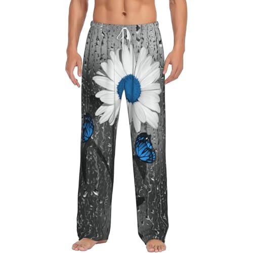 Alliya Pantalon de pyjama pour homme Motif marguerites Blanc/bleu, blanc, S