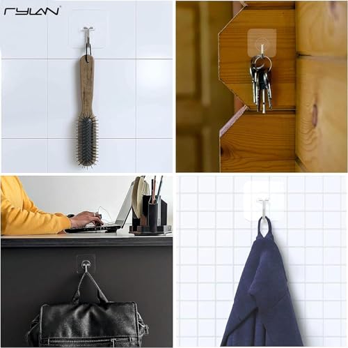 Image of TEKCOOL Adhesive Hooks for Hanging Heavy Duty Wall Hooks Self Adhesive Hooks Waterproof Transparent Hooks for Bathroom Shower Kitchen Keys Door Outdoor Home Improvement Utility Hook (Pack of 10):
