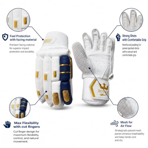 Image of Rovers Crown Edition Cricket Gloves| Batting Gloves for Men (Navy Blue - White, Right)