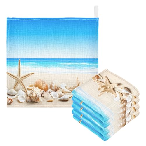 Nander 3Pack Baby Muslin Washcloths,Beach Starfish and Shells Soft Face Cloths for Newborn, Absorbent Bath Wash Cloths, Wipes, Burp Rag,Toddlers Essentials Stuff, Baby Registry as Shower
