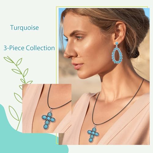 Kezoic 3 Pieces Turquoise Jewelry Set Western Necklaces, Earrings and Leather Bracelet for Women Men by Kezoic - Used condition - Image 7