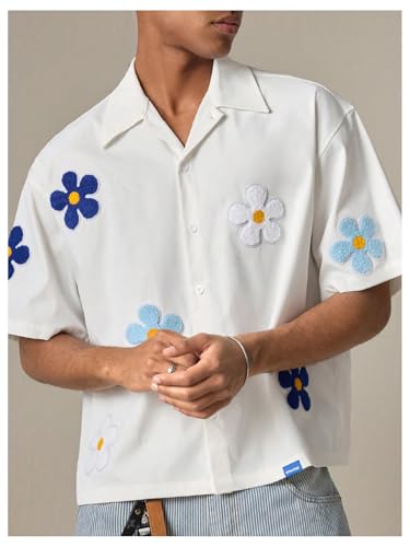Men's Floral Appliques Oversized Tshirts Half Sleeve Button Down Streetwear Tees2