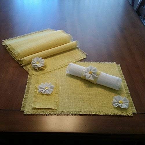Burlap Spring Yellow Shabby Chic Table Runners, Placemats, Silverware Holders, Napkin Rings or Decorative Napkins with Handmade White Flower Accent (Quantities of 4 or 6)