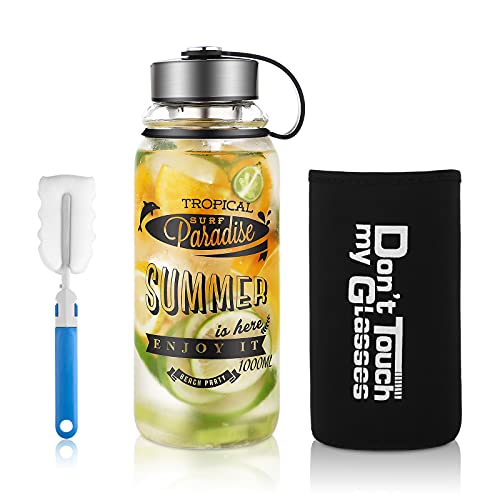 ZDZDZ 1000ML Sport Bouteille d'eau de boisson en verre avec manchon en nylon et filtre en acier inoxydable Cover