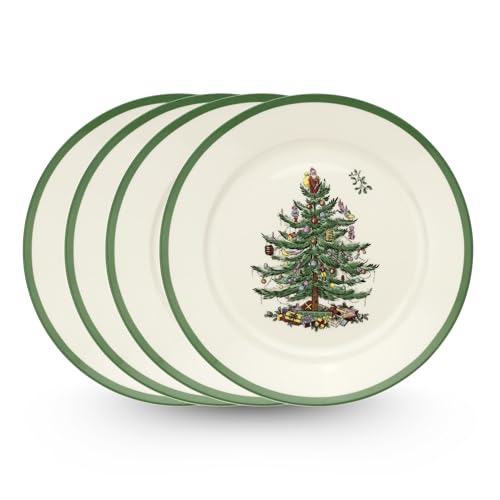 Spode Christmas Tree 9-Inch Luncheon Plate (Set of 4) – Porcelain Dinner & Appetizer Plate, Holiday-Themed Serving Tray, Microwave & Dishwasher Safe, Festive Seasonal Dining