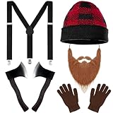 5 Pieces Halloween Lumberjack Costume Accessories Set, Lumberjack Plaid Beanie Fake Beard Black Suspender Gloves Prop Axes for Halloween Costume Party
