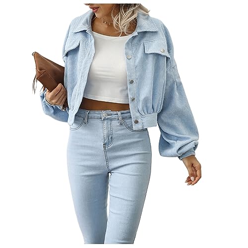 Canbebig Women's Corduroy Cropped Jacket Lapel Collar Lantern Sleeve Short Button Jackets 2023 Fall Casual Loose Coat Tops