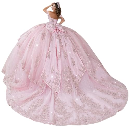 Zhangyo Lace Applique Pink Quinceanera Dresses Puffy Tulle Longw Sweet 15 16 Dress with Bow Tiered Off Shoulder Party Birthday Gowns Size 2