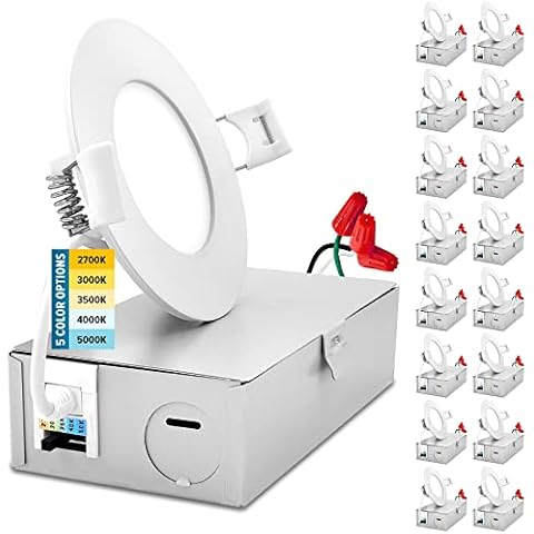 SUNPERIAN 16-Pack 3 Inch Ultra-Thin LED Recessed Lighting with Junction Box, 5 Color Options 2700K/3000K/3500K/4000K/5000K, 8W, 540 Lumens, Dimmable Wafer Lights, Wet Rated, IC Rated, ETL Listed Cover