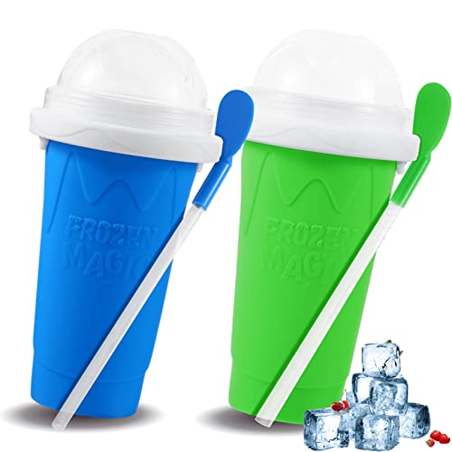 Slushie Maker Cup, Slushie Maker Magic Squeeze Cup Double Layer Squeeze Cup, Homemade Milkshake Maker Cooling Cup DIY for Family (Blue+Green)